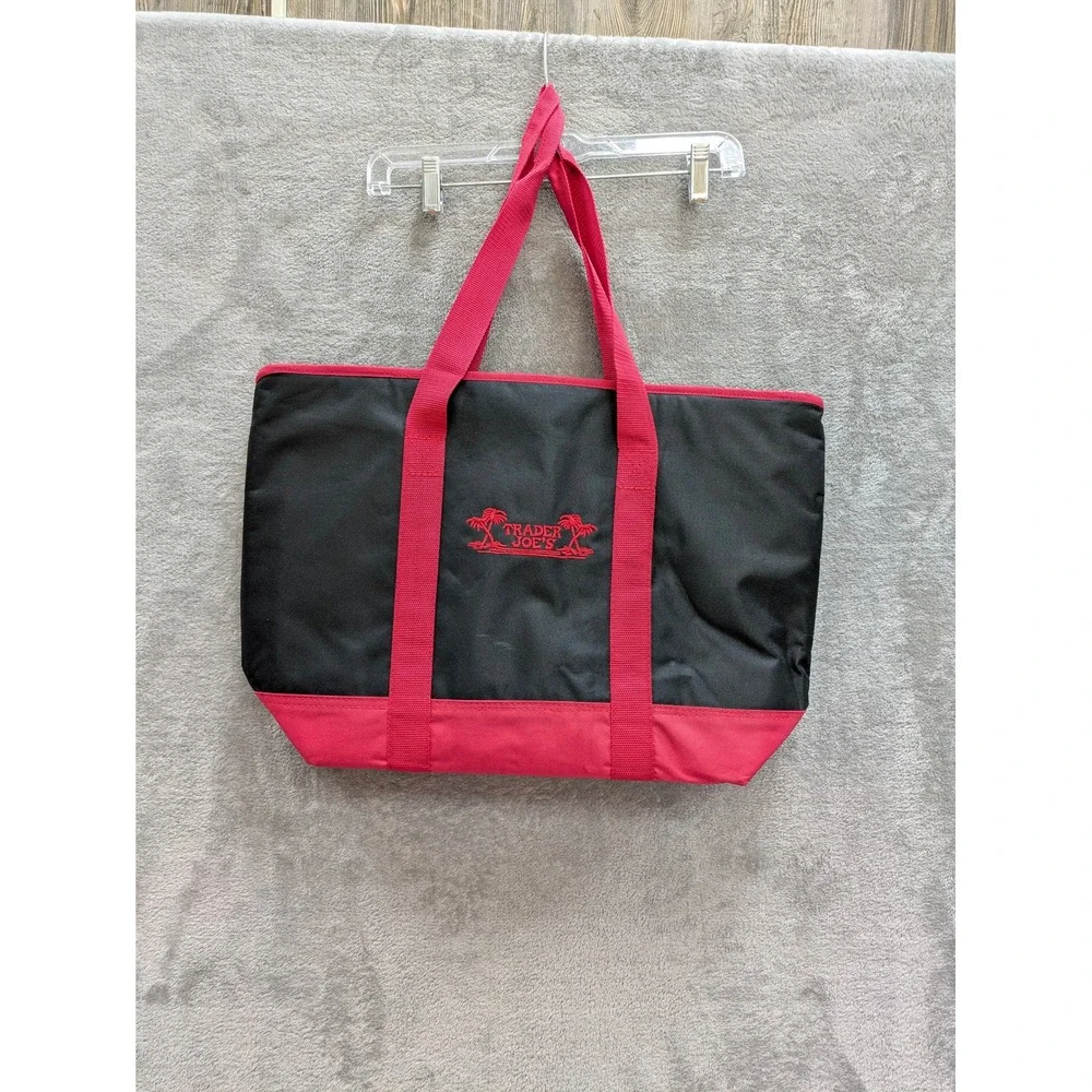 Trader Joes Insulated Cooler Tote Bag  Black Red Zip Top handles